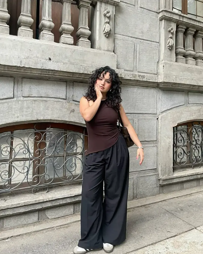 Dark Brown Ruched Tank + Black Wide-Leg 