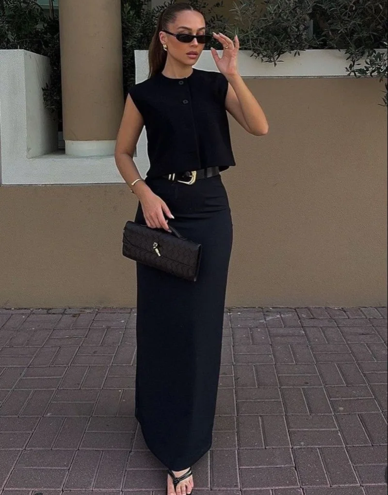 All-Black Crop Vest + Black Maxi Skirt