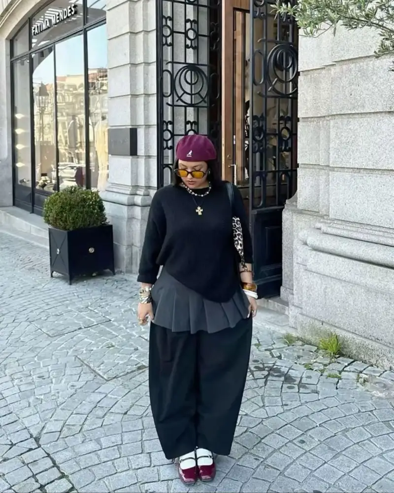 All-Black Layered Look + Burgundy Beret