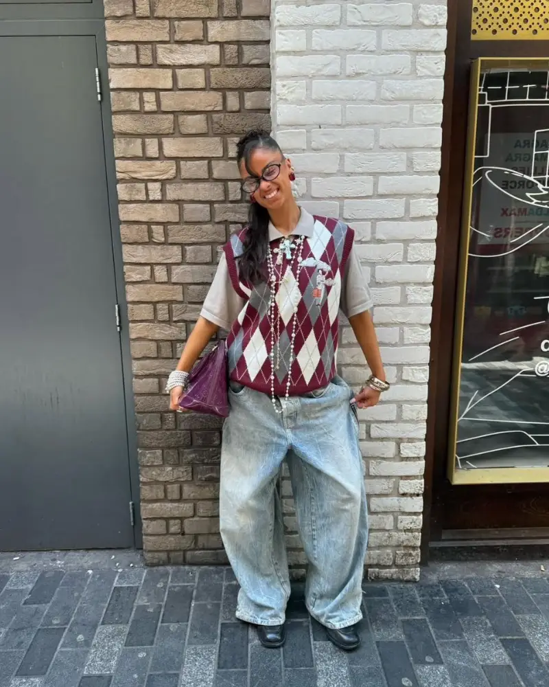 Argyle Vest + Polo + Balloon Jeans