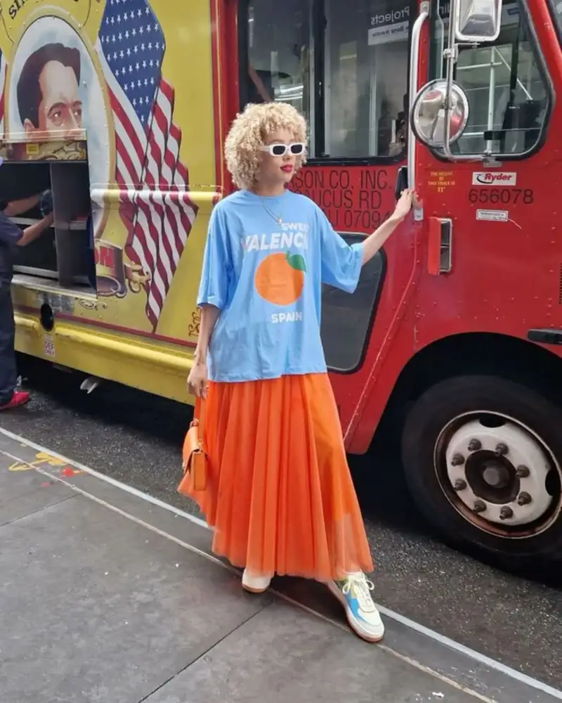Baby Blue Graphic Tee + Orange Tulle Midi Skirt
