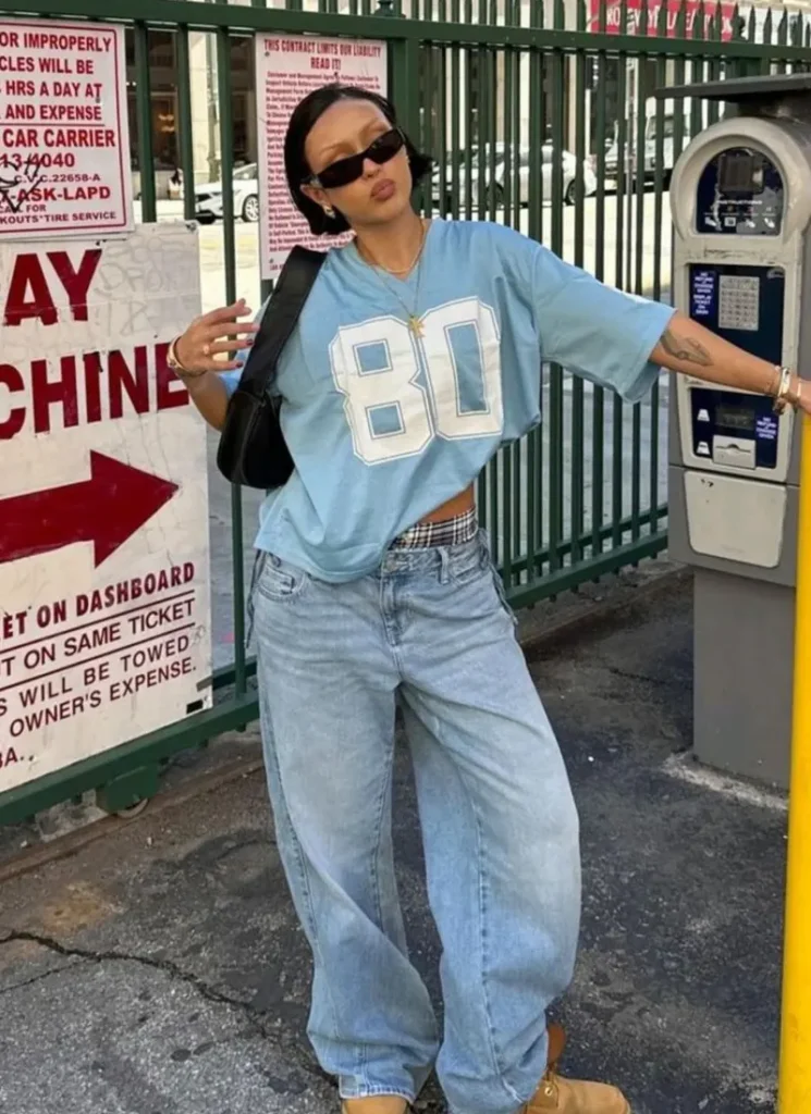  Baby Blue Jersey + Wide Jeans + Timbs 