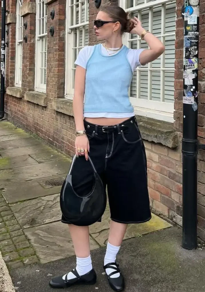 Baby Blue Knit Crop + White Tee + Black Denim Bermuda Shorts