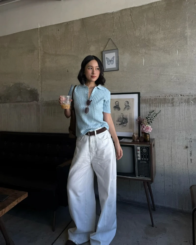 Baby Blue Knit Polo + Wide White Jeans