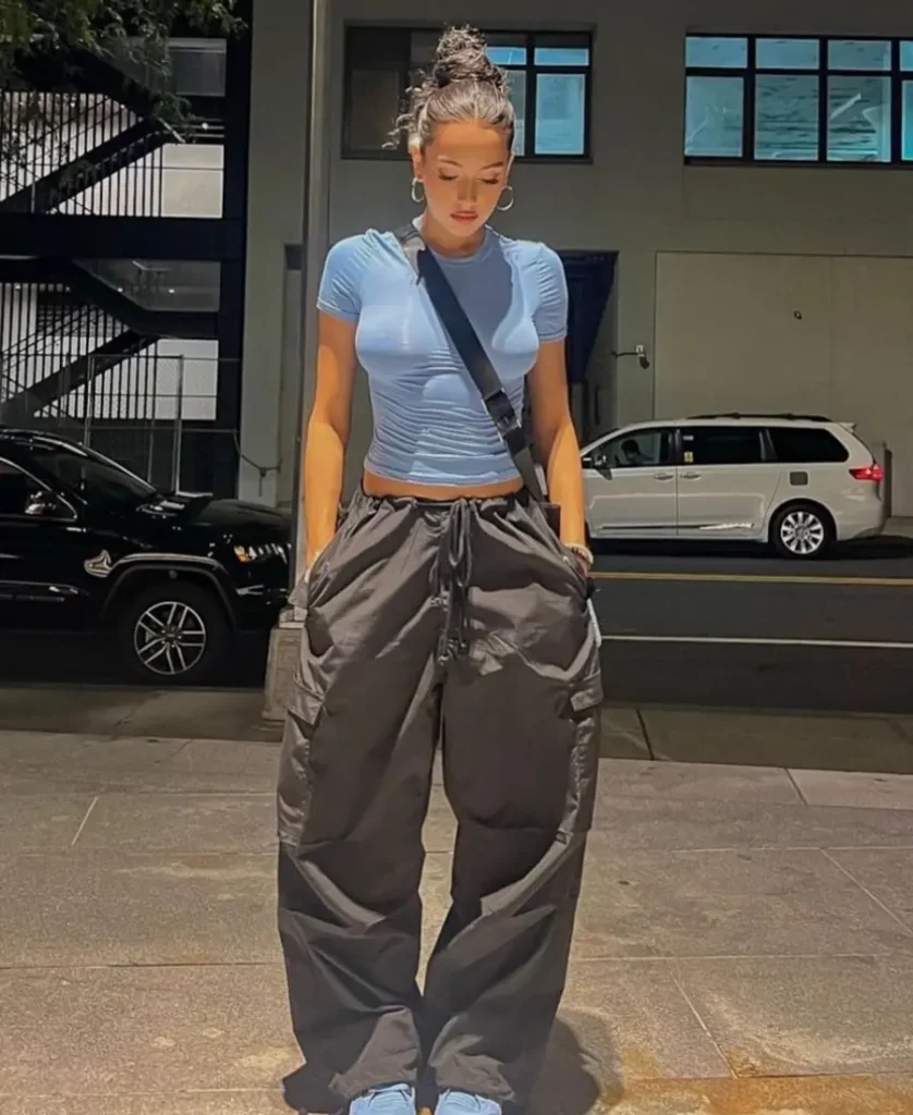 Baby Blue Ruched Crop Top with Charcoal Cargo Pants