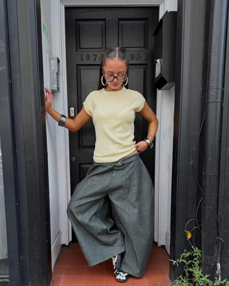 Baby Yellow Tee + Oversized Grey Trousers