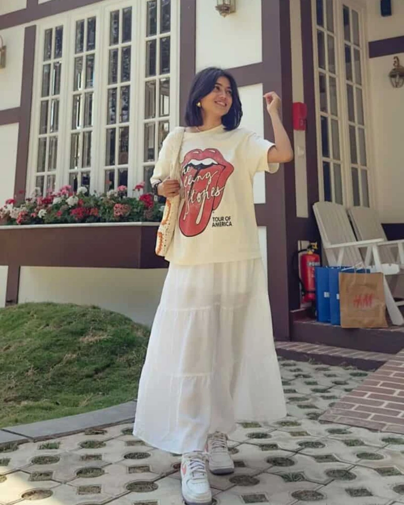 Band Tee + White Maxi Skirt + White Sneakers