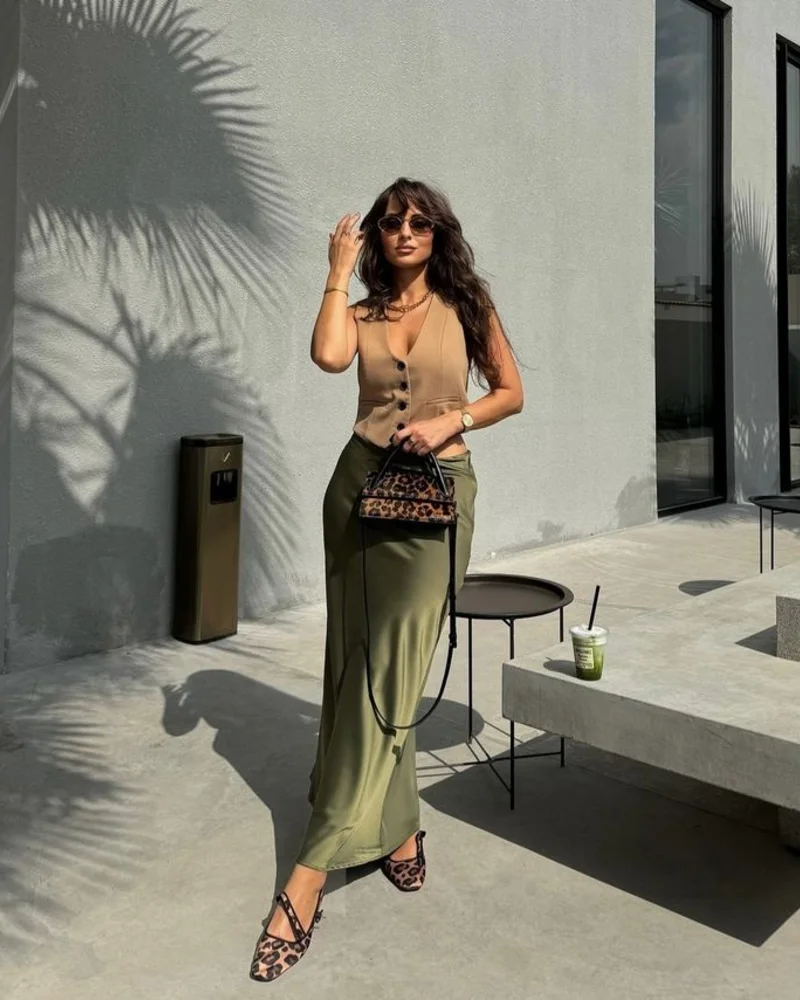  Beige Knit Vest + Olive Satin Maxi Skirt