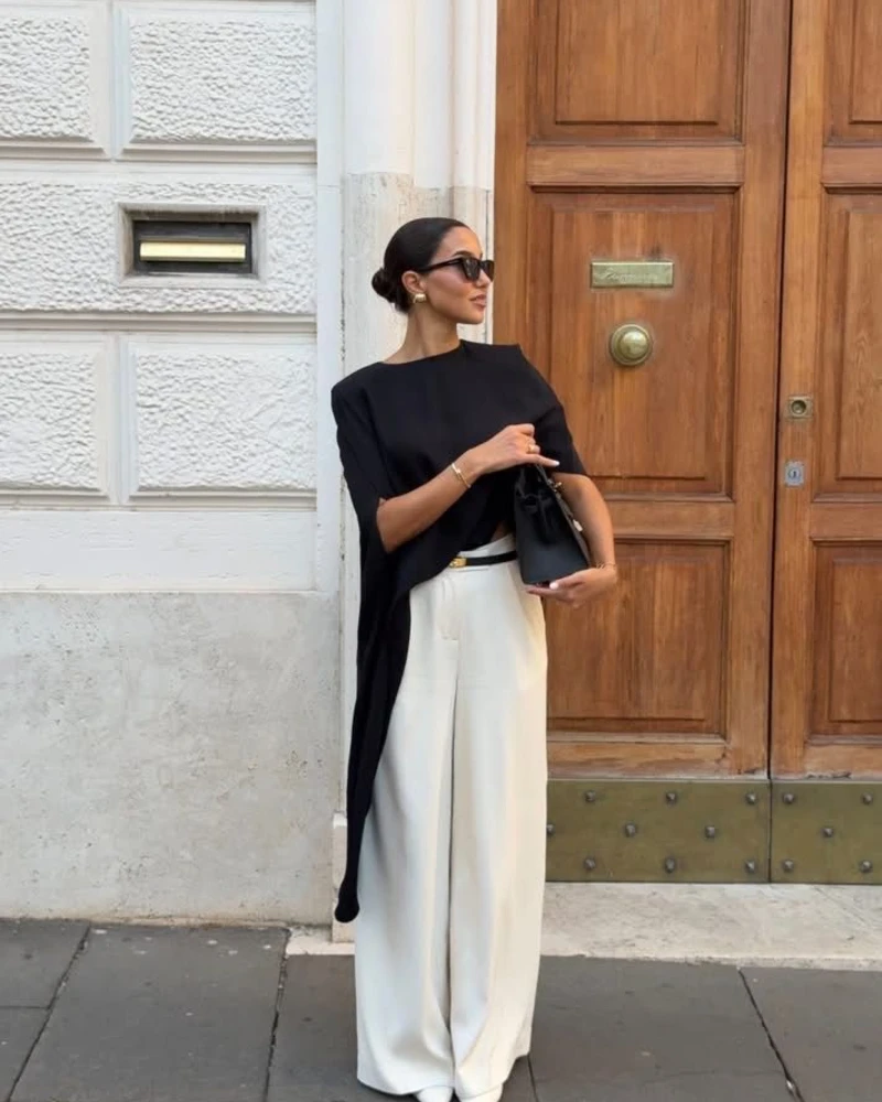 Black  Asymmetric  Cape Top + Ivory Wide-Leg Trousers