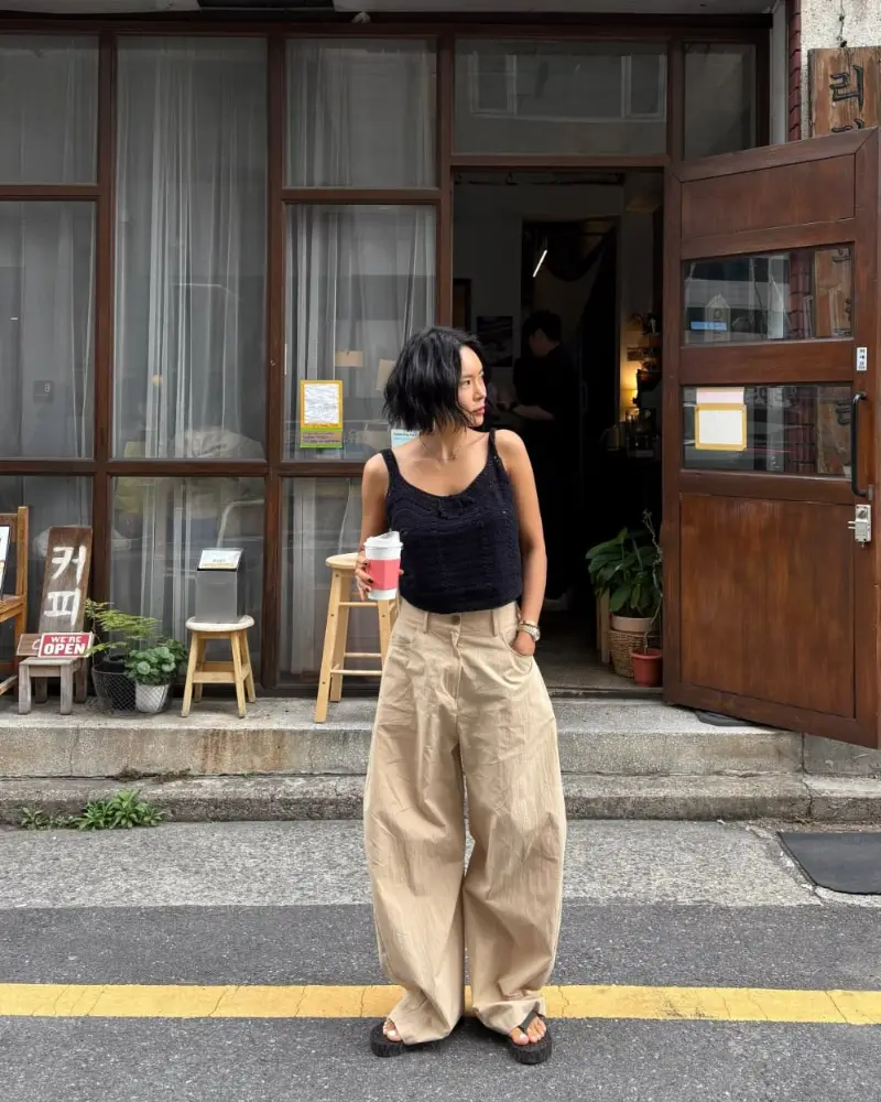Black Crochet Cami + Sand Beige Wide-Leg Trousers + Chunky Sandals