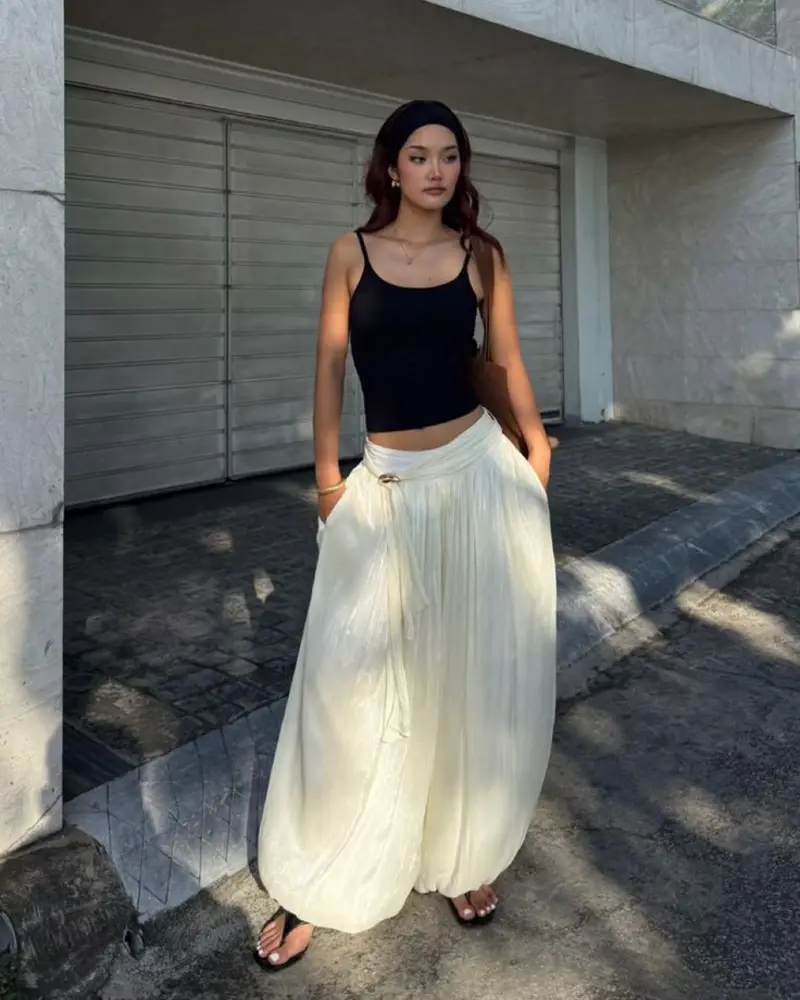 Black Crop Tank + Flowy Cream Wide-Leg Pants