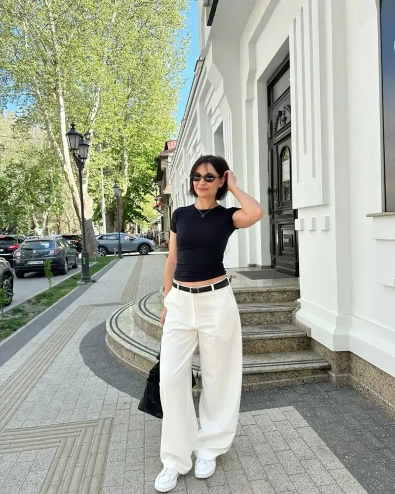  Black Crop Tee + White Wide-Leg Trousers
