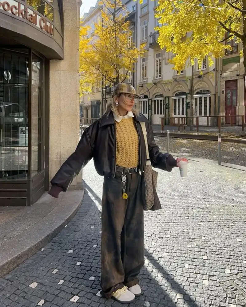 Black Leather Jacket Over a Yellow Mustard Knit