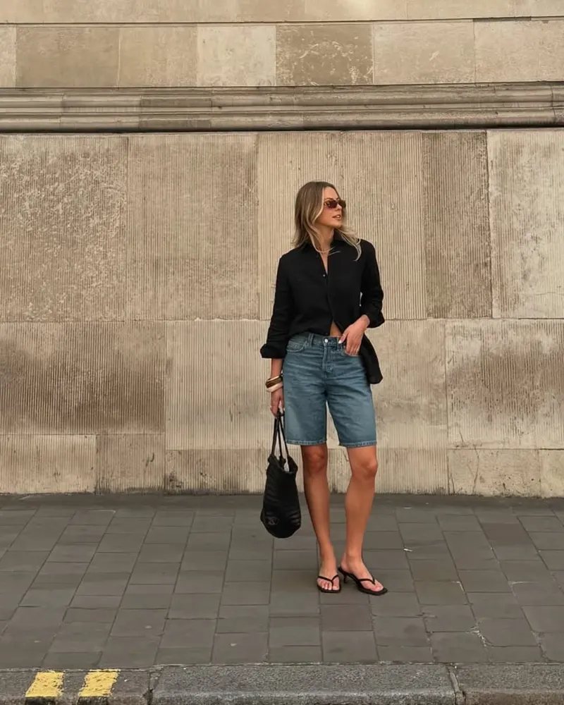 Black Linen Shirt + Light Wash Denim Bermuda Shorts + Flip Flop Heels