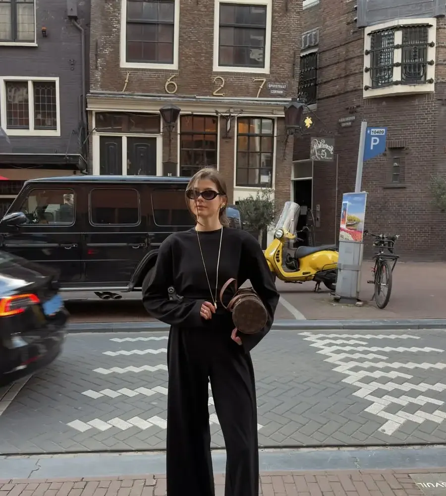 Dark Chocolate Sweater with Pinstripe Wide-Leg Trousers and Dark Brown Heeled Boots