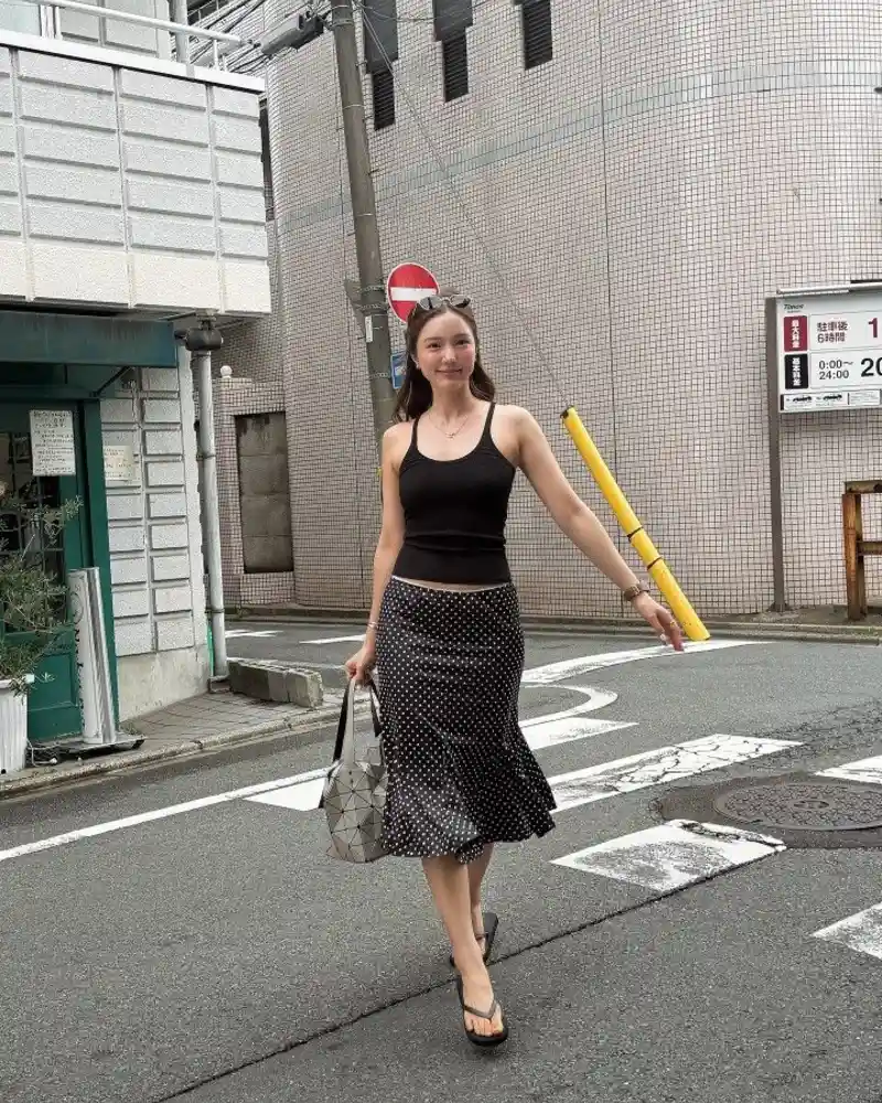  Black Ribbed Cami + Polka Dot Midi Skirt + Platform Sandals