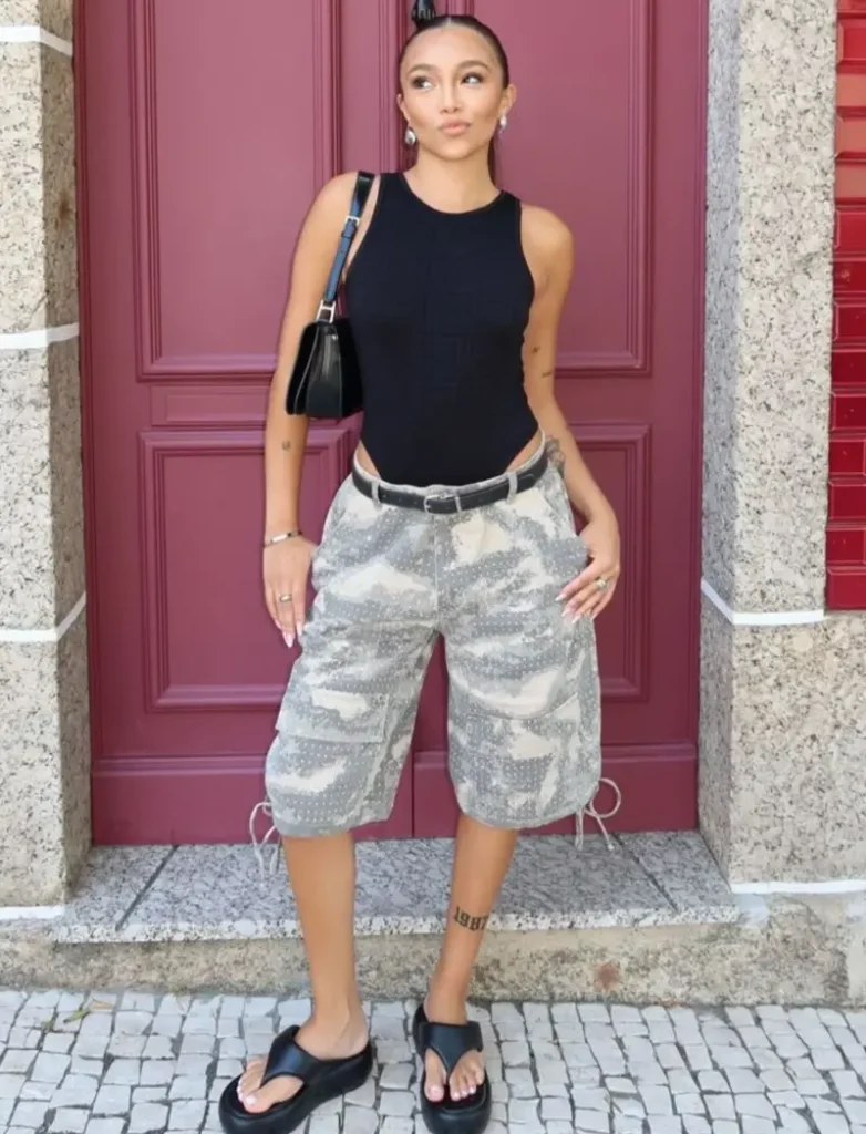 Black Ribbed Tank + Camo Cargo Shorts + Platform Sandals