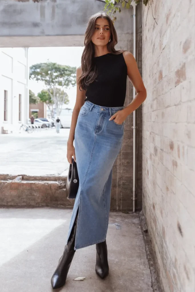Black Sleeveless Top + Light Denim Maxi Skirt + Black Boots