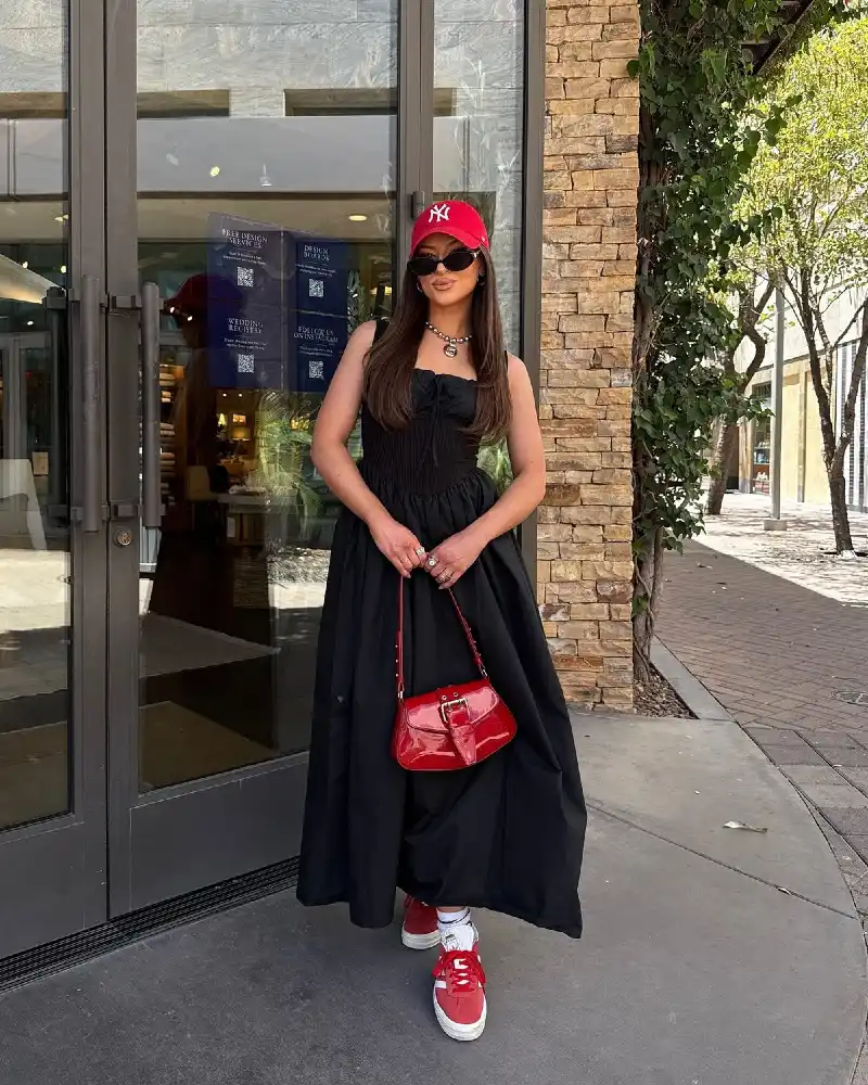  Black Smocked Maxi Dress + Red NY Cap + Red Sneakers