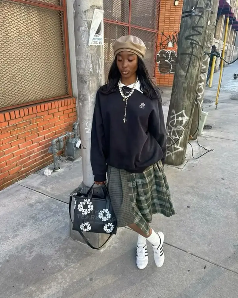 Black Sweatshirt + Plaid Midi Skirt