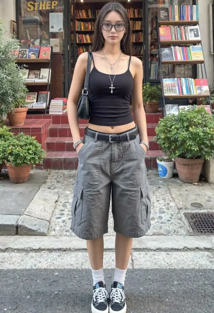 Black Tank + Washed Grey Cargo Shorts + Vans