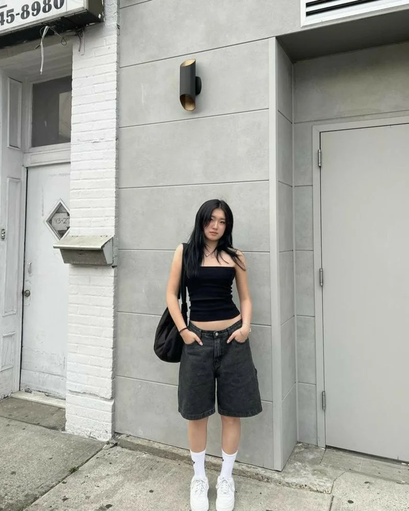 . Black Tube Top + Dark Denim Wide Shorts + White Sneakers