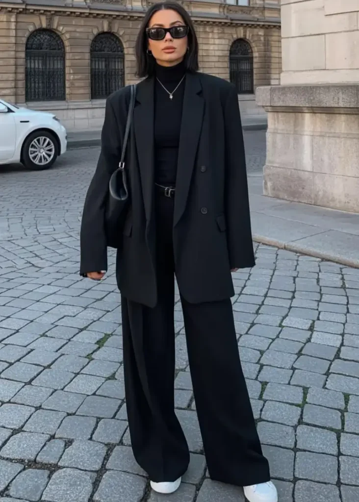 Black Turtleneck, Oversized Blazer, Wide Trousers — When All Black Is the Only Answer