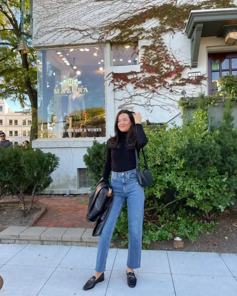 Black Turtleneck with Straight Leg Jeans and Loafers