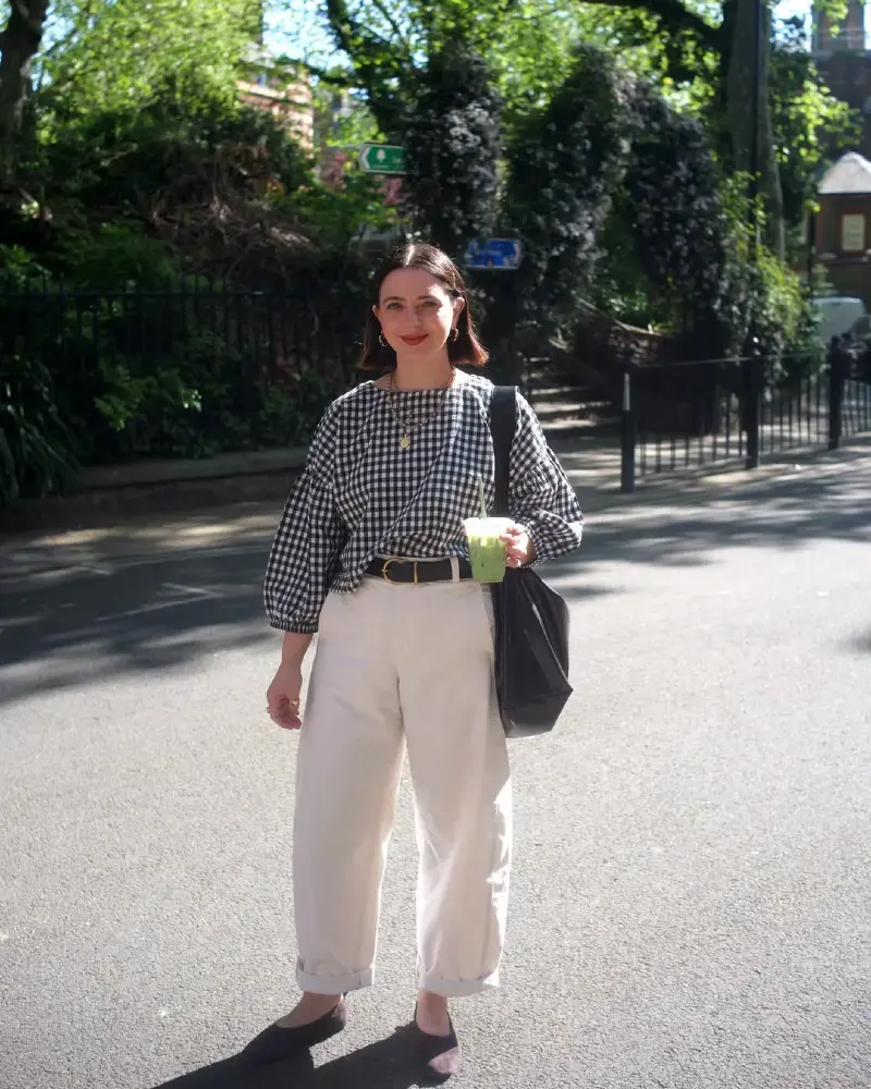 Black White Gingham Balloon Blouse + Cream Wide Trousers 