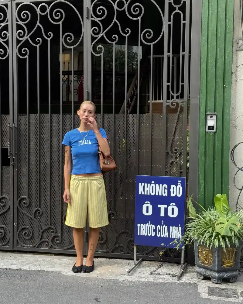 Blue Baby Tee + Pale Yellow Striped Culottes + Black Tabi Flats