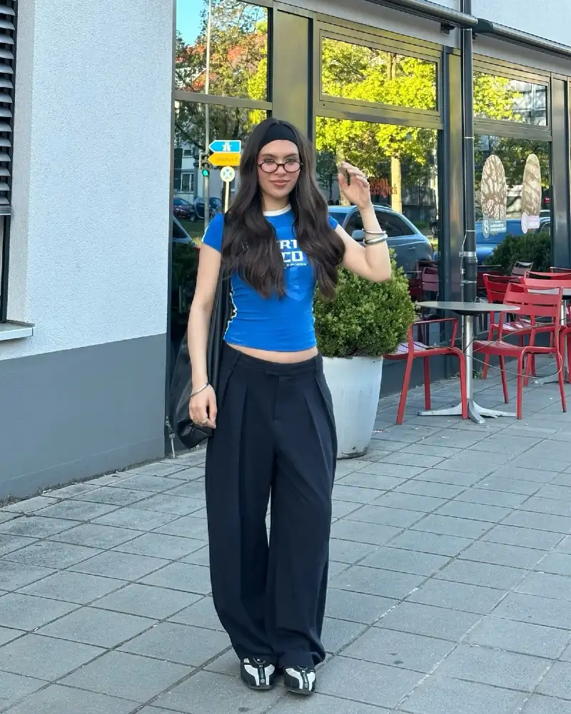 Blue Baby Tee, Wide Trousers, Headband On