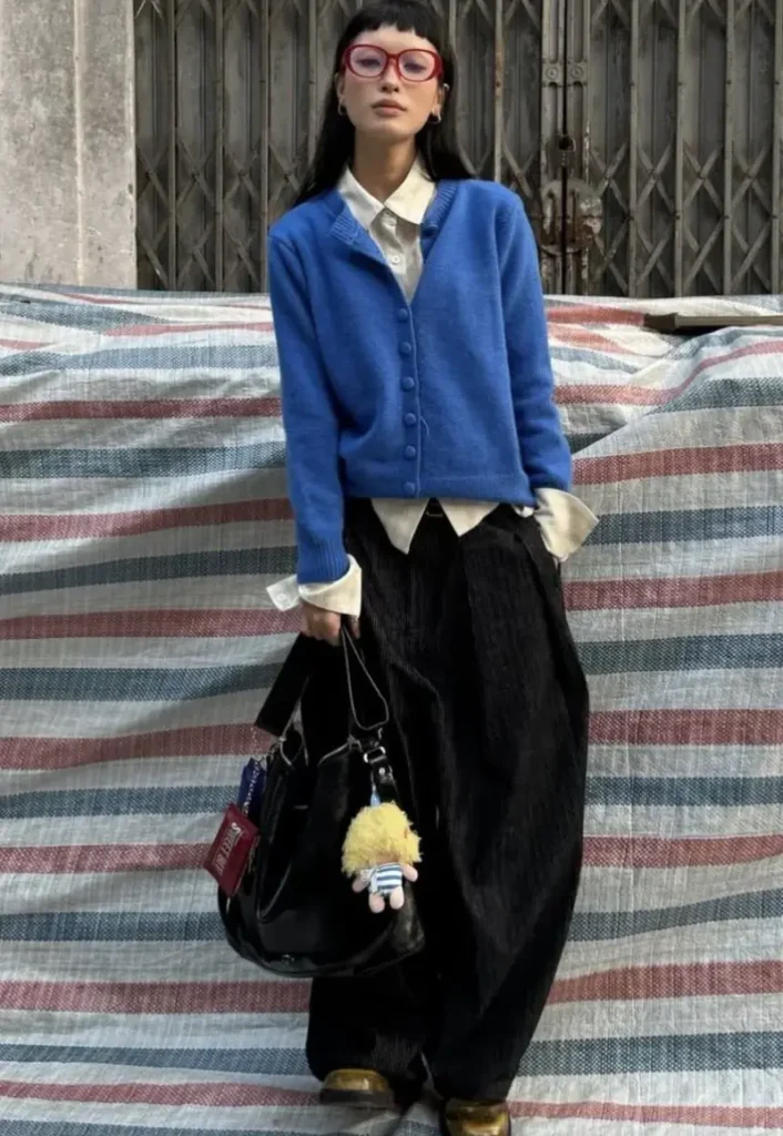 Blue Cardigan Over Collared Shirt