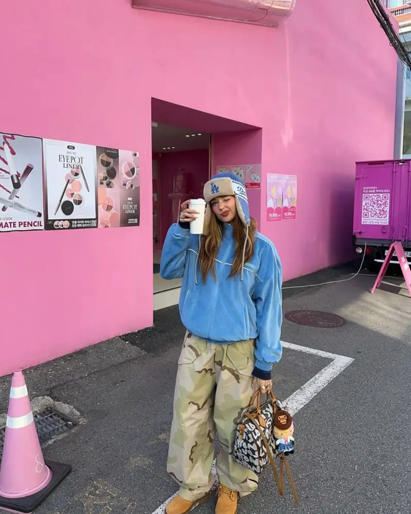 Blue Fleece Zip-Up + Desert Camo Cargo Pants + Wheat Timberlands