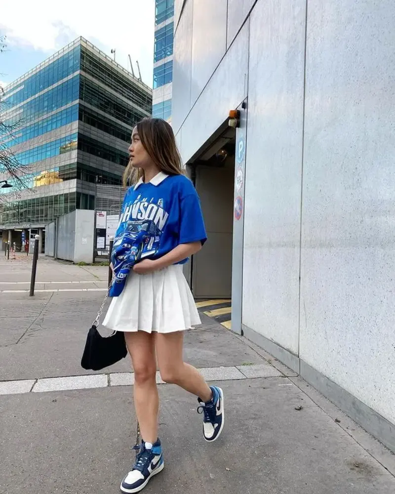  Blue Graphic Tee + White Tennis Skirt + Air Jordans