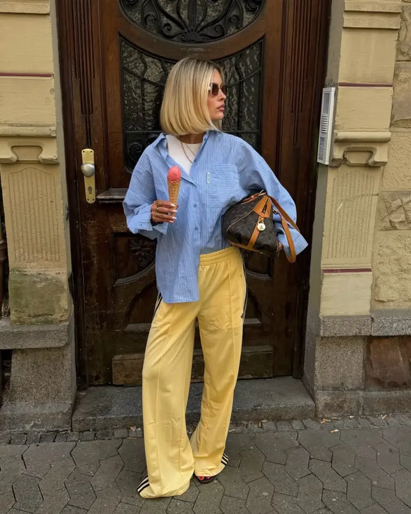 Blue Oversized Shirt + Yellow Adidas Track Pants