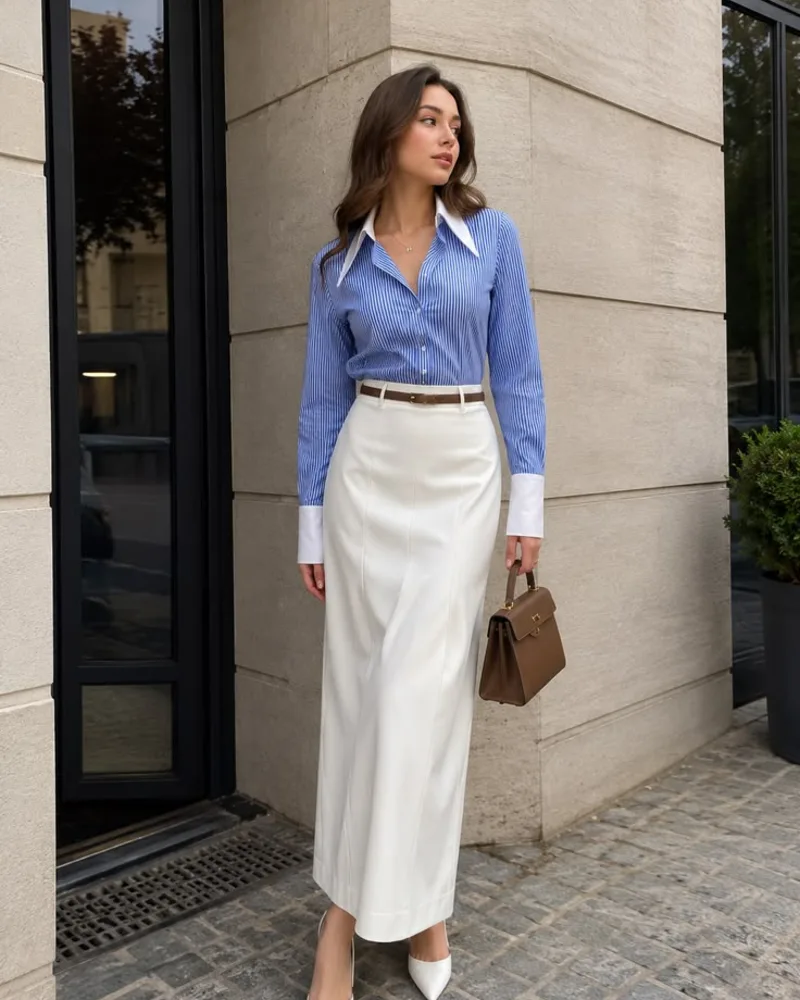 Blue Pinstripe Shirt + Ivory Maxi Skirt
