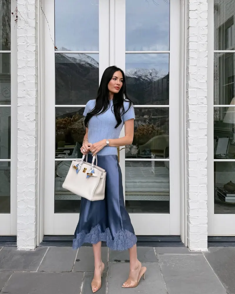 Blue Ribbed Knit Top + Steel Blue Satin Lace-Hem Skirt