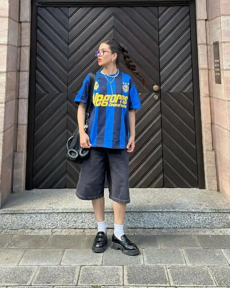 Blue Striped Jersey and Dark Grey Wide-Leg Denim Shorts with Chunky Loafers