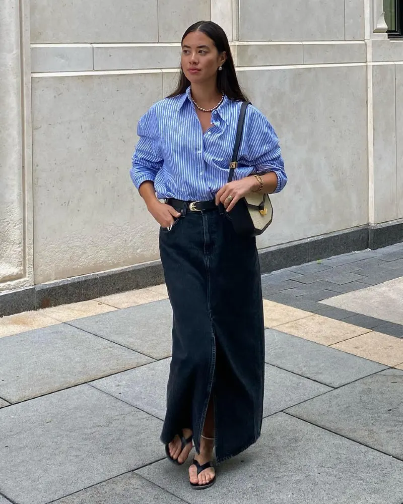Blue Striped Shirt + Black Denim Maxi Skirt