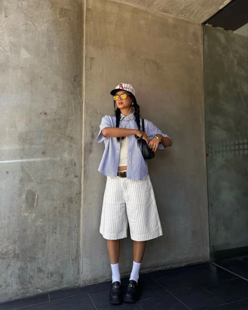 Blue Striped Shirt + White Crop Top + Pinstripe Shorts + Loafers