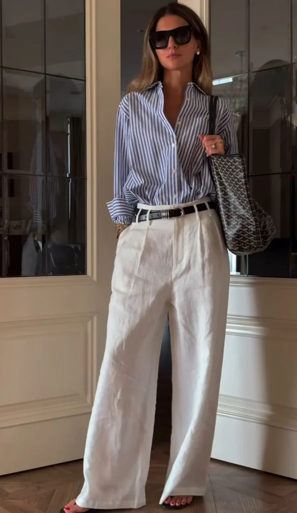 Blue Striped Shirt + White Wide-Leg Linen Trousers