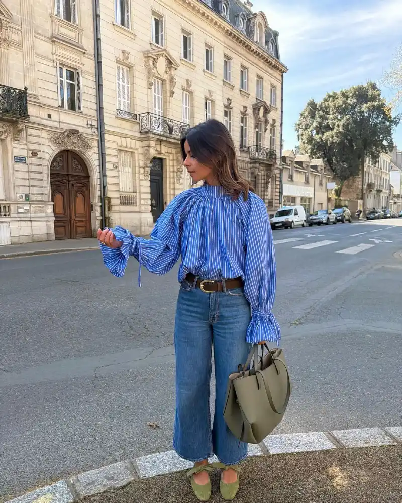 Blue Striped Statement Blouse + Wide Denim