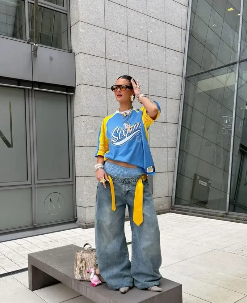 Blue and Yellow Jersey + Wide-Leg Jeans + Layered Accessories