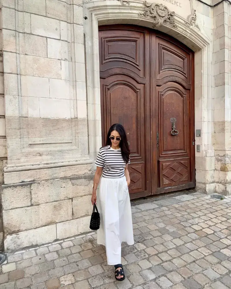 Breton Stripe Tee + White Wide-Leg Linen Trousers