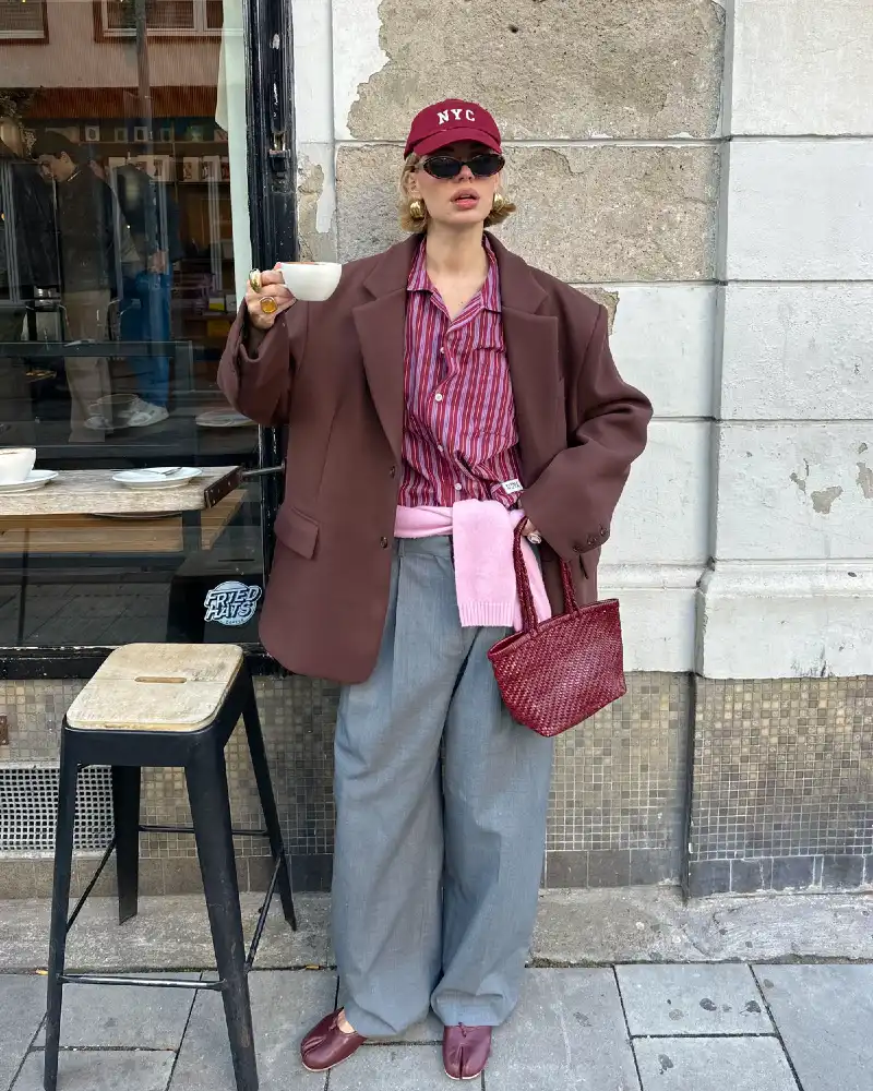 Brown Blazer, Striped Shirt and Pink Knit Tied at the Waist — Five Layers, One Strong Look