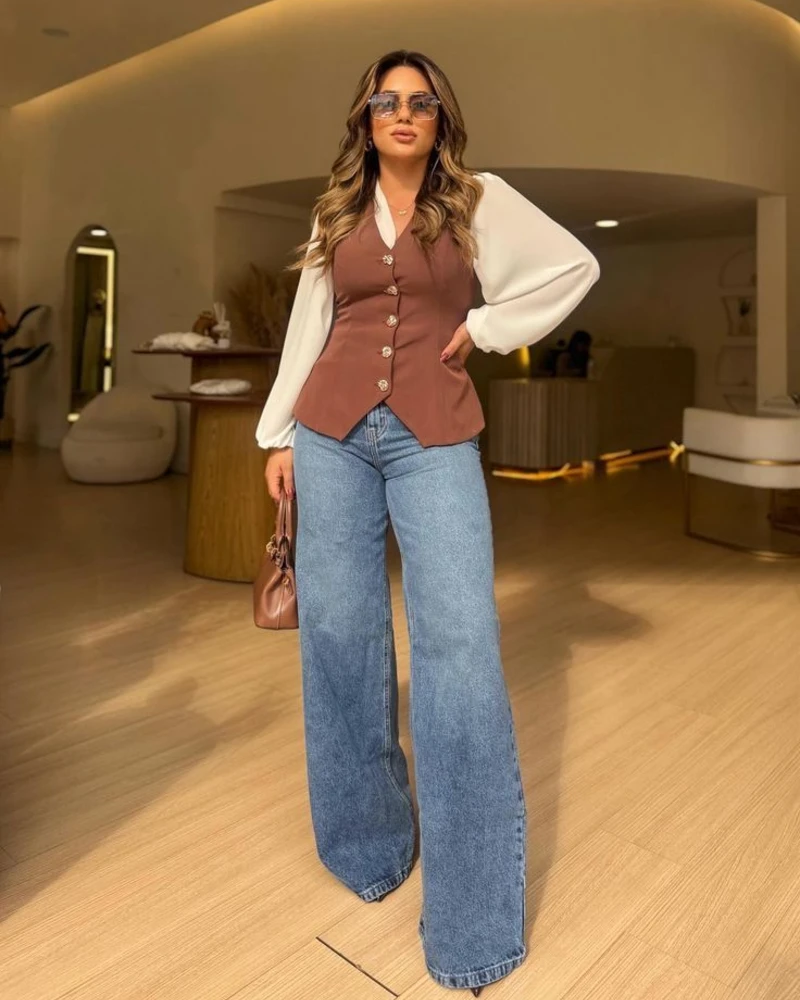 Brown Button Vest + White Puff-Sleeve Blouse + Wide-Leg Jeans