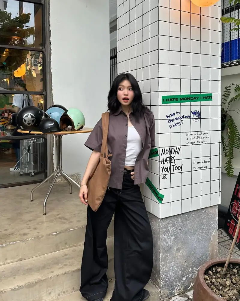 Brown Cropped Shirt + White Crop Top + Wide-Leg Black Trousers