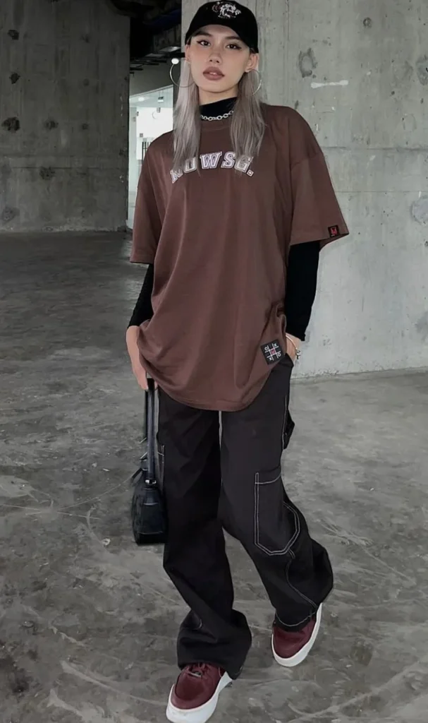 Brown Graphic Tee + Black Long-Sleeve Layer + Black Cargo Pants