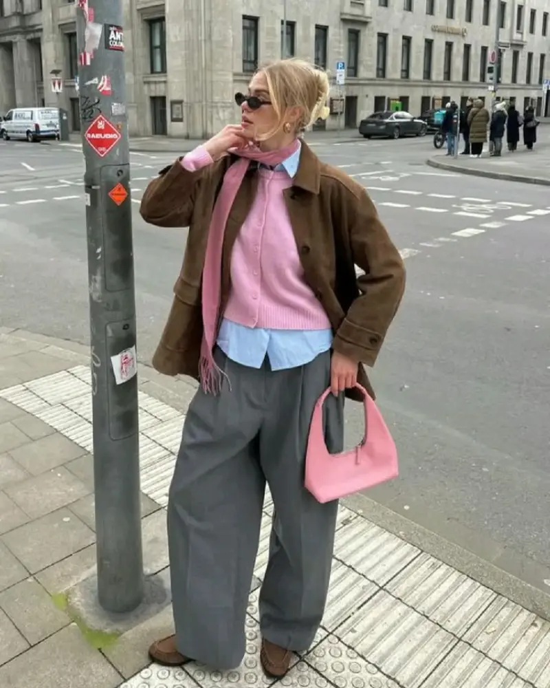 Brown Jacket Over Pink Cardigan and Scarf