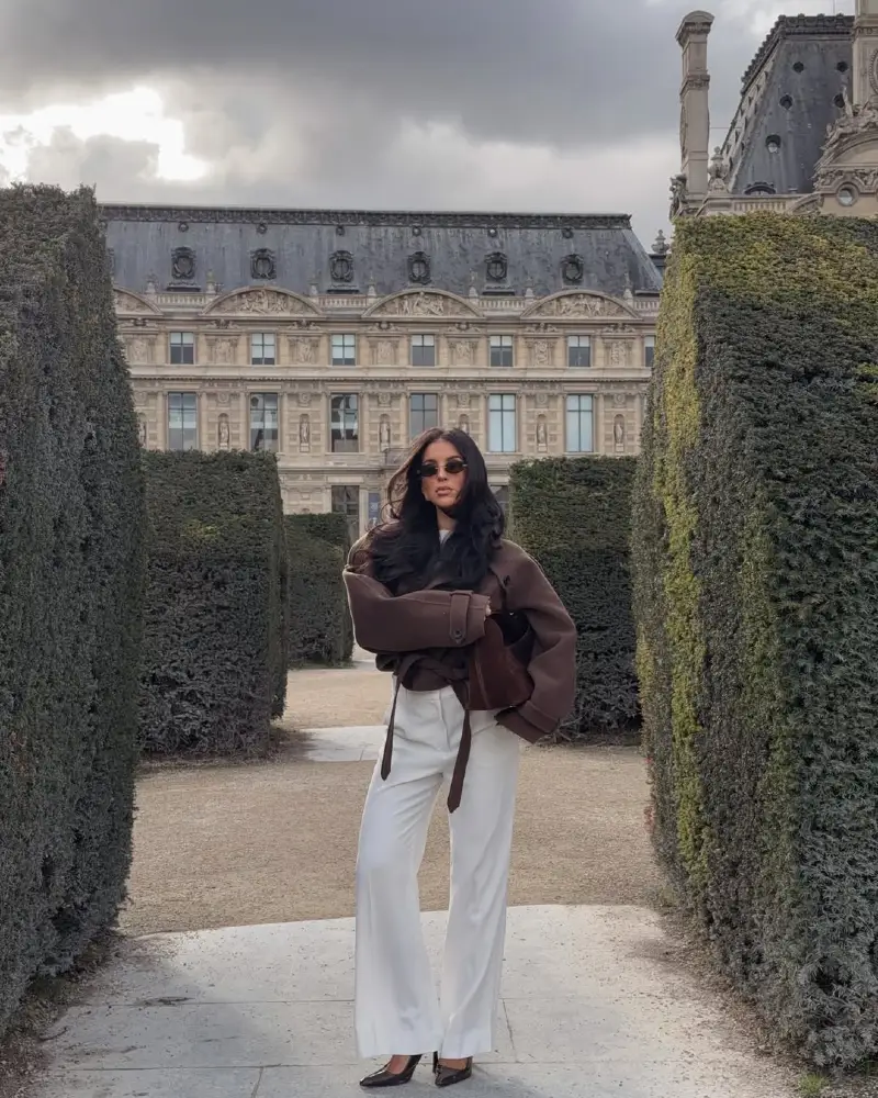 Brown Jacket + White Wide-Leg Trousers